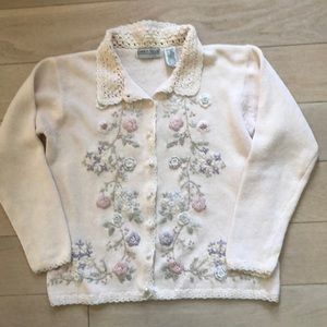 White floral embroidered beaded ramie/cotton cardigan